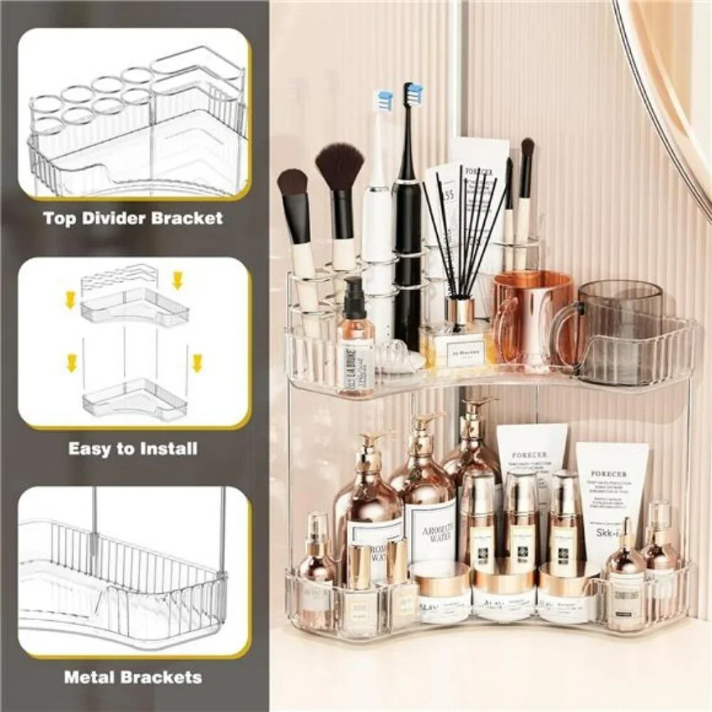 Clear 2 tier corner organizer with brush holder bathroom vanity storage
